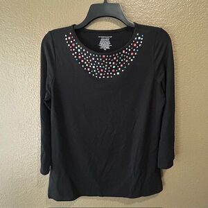 Investments  Essentials Black Colorful Studed Long Sleeve Womens Top Pet Medium